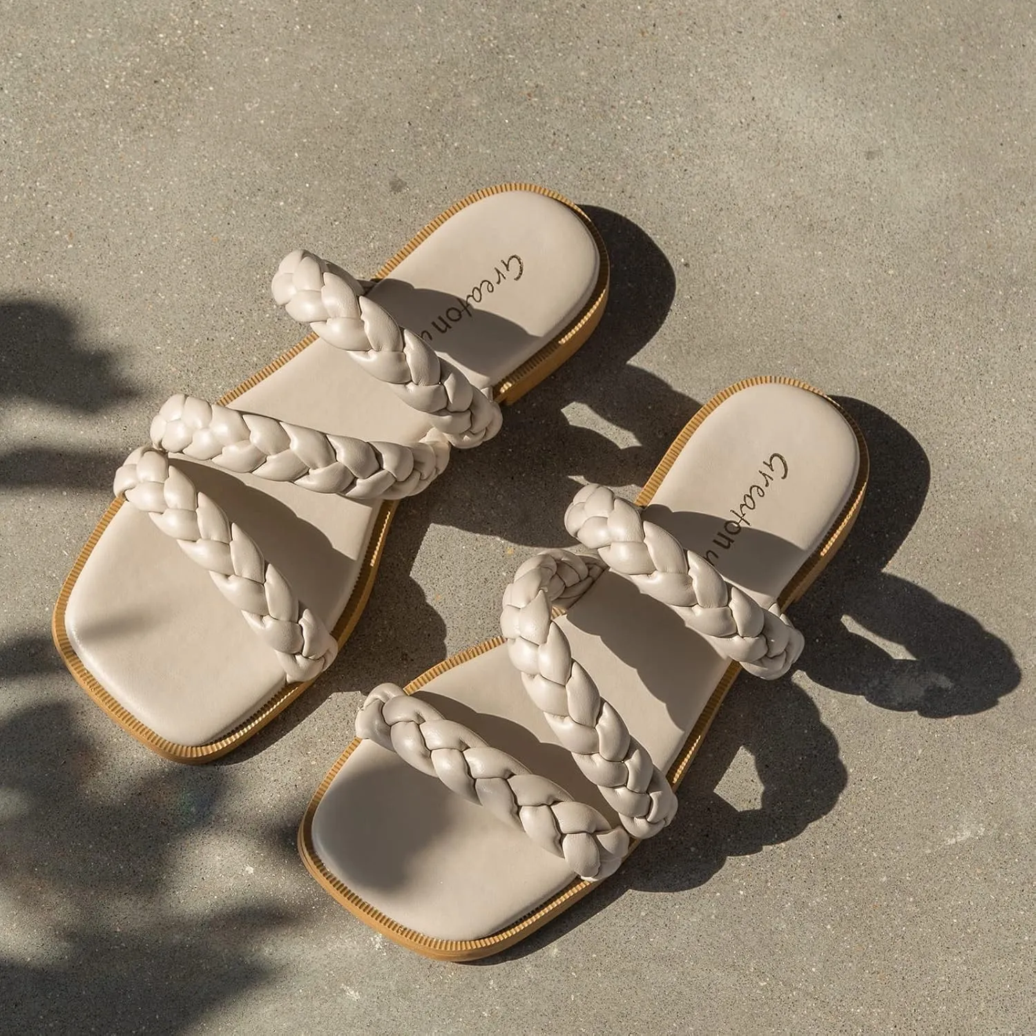 Greatonu Women's Square Toe Braided Flat Sandals Dressy Summer Open Toe Slides Sandals for Women 2025 Strappy Slip On Woven Sandals