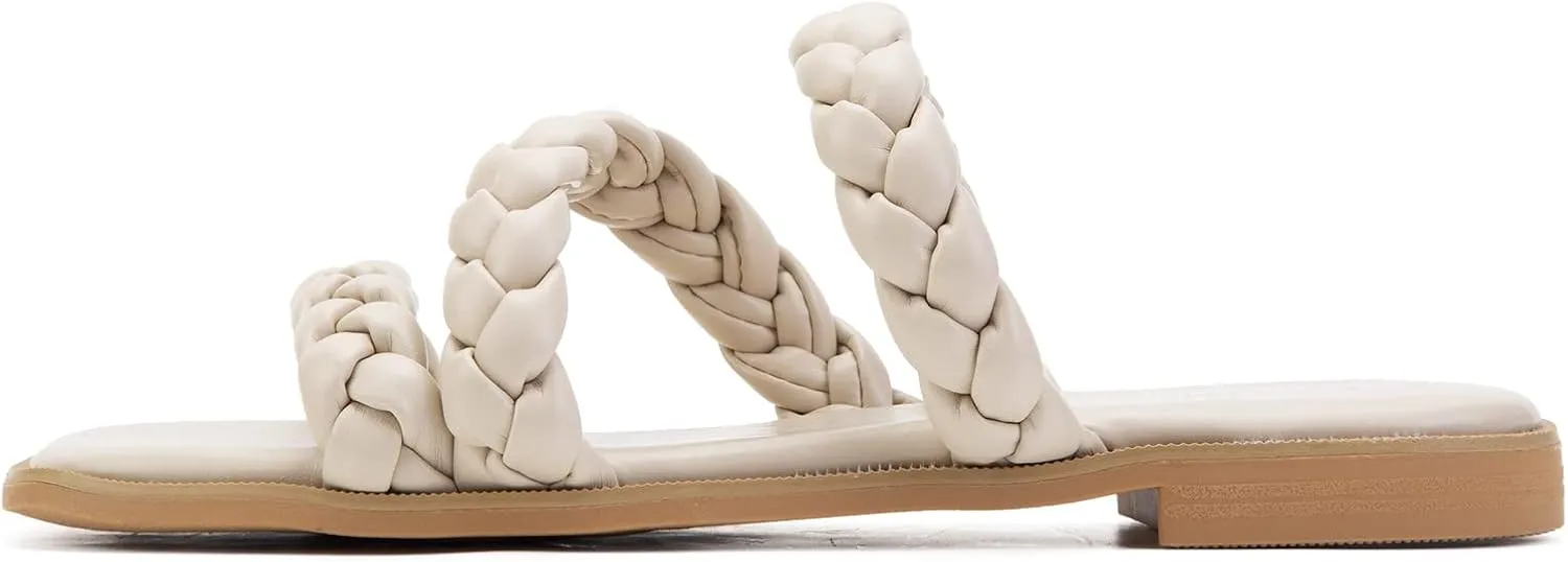 Greatonu Women's Square Toe Braided Flat Sandals Dressy Summer Open Toe Slides Sandals for Women 2025 Strappy Slip On Woven Sandals