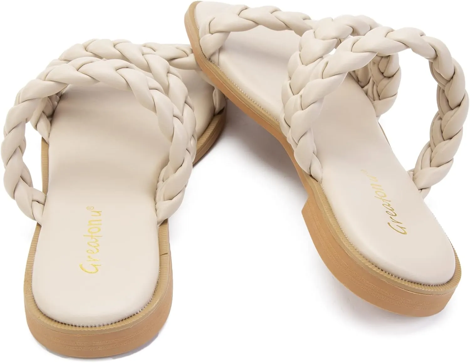 Greatonu Women's Square Toe Braided Flat Sandals Dressy Summer Open Toe Slides Sandals for Women 2025 Strappy Slip On Woven Sandals