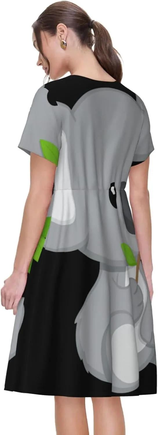 Green Leaf Koala Print Women's Short Sleeve Dress,Sundresses Summer A-Line Dress with Pockets
