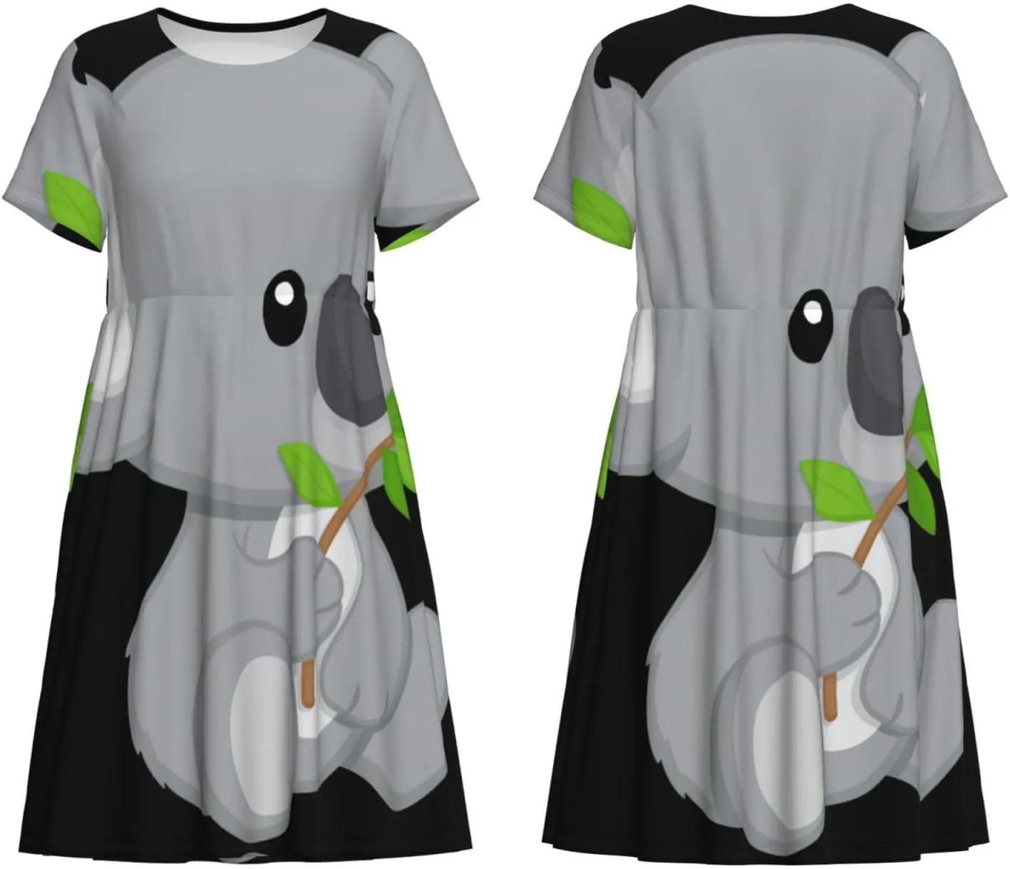Green Leaf Koala Print Women's Short Sleeve Dress,Sundresses Summer A-Line Dress with Pockets