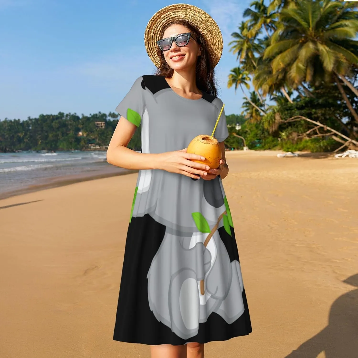 Green Leaf Koala Print Women's Short Sleeve Dress,Sundresses Summer A-Line Dress with Pockets