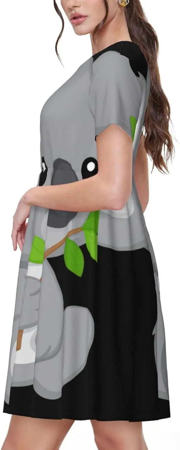 Green Leaf Koala Print Women's Short Sleeve Dress,Sundresses Summer A-Line Dress with Pockets