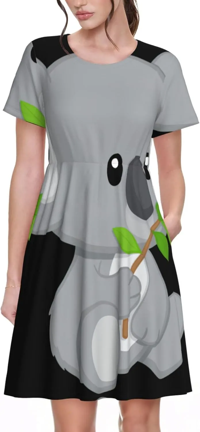 Green Leaf Koala Print Women's Short Sleeve Dress,Sundresses Summer A-Line Dress with Pockets