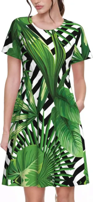 Green Leaves of Palm Tree Tropical Plant Print Women's Short Sleeve Dress,Sundresses Summer A-Line Dress with Pockets