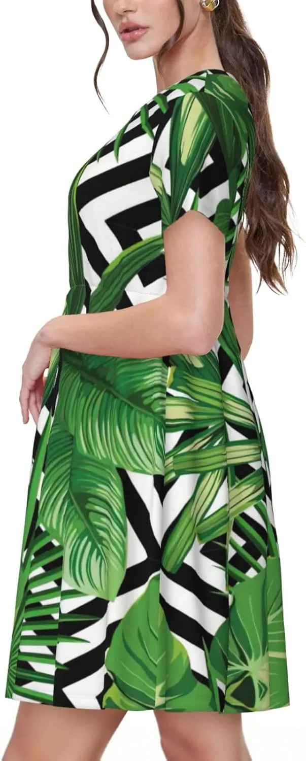 Green Leaves of Palm Tree Tropical Plant Print Women's Short Sleeve Dress,Sundresses Summer A-Line Dress with Pockets