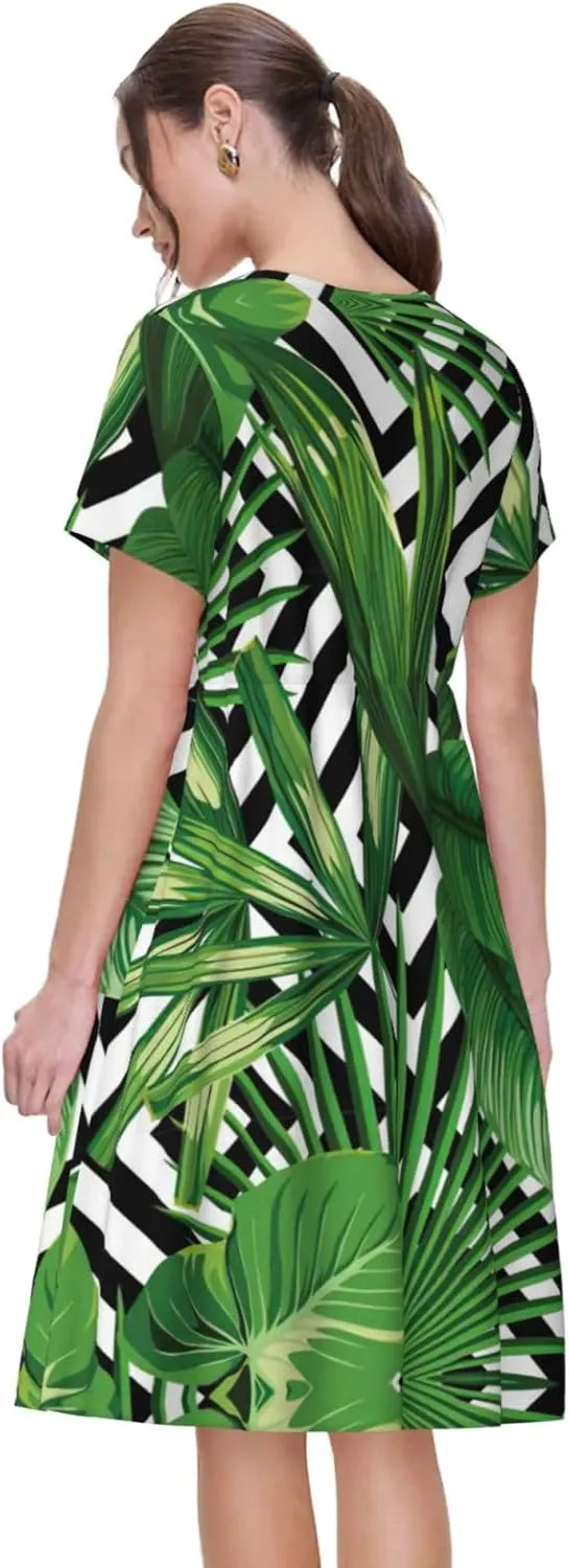 Green Leaves of Palm Tree Tropical Plant Print Women's Short Sleeve Dress,Sundresses Summer A-Line Dress with Pockets