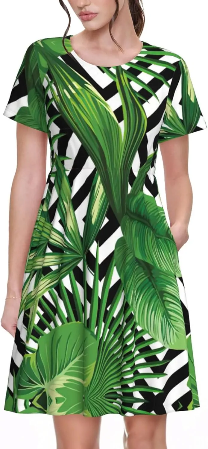 Green Leaves of Palm Tree Tropical Plant Print Women's Short Sleeve Dress,Sundresses Summer A-Line Dress with Pockets