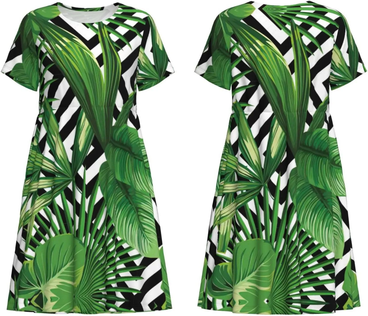 Green Leaves of Palm Tree Tropical Plant Print Women's Short Sleeve Dress,Sundresses Summer A-Line Dress with Pockets