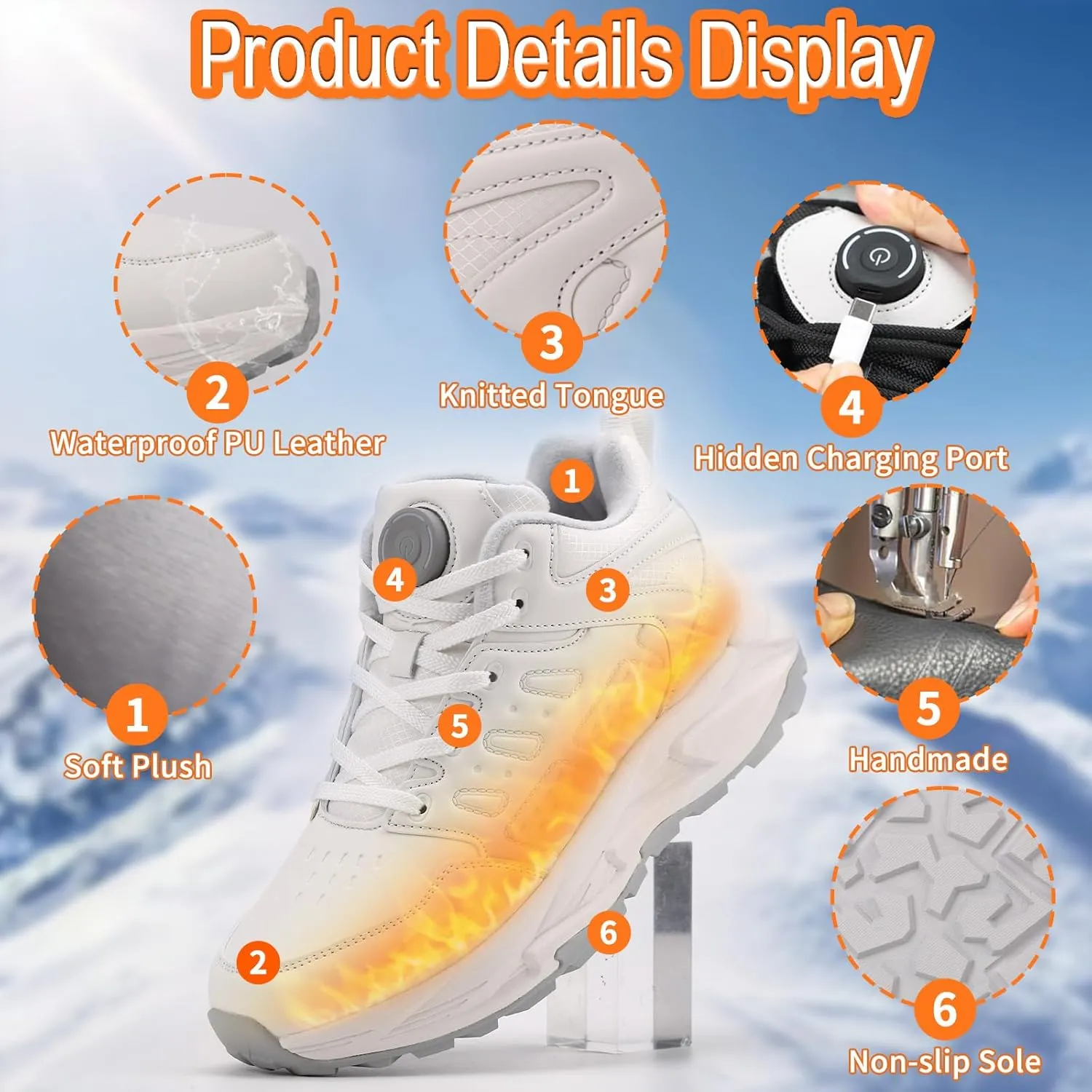 Heated Shoes for Men, Feet Warmers for Women, Electric Heating Shoes with 4000mAh Battery, 3 Heating Levels, Rechargeable Winter Heated Sneakers for Outdoor Work Sports Hiking