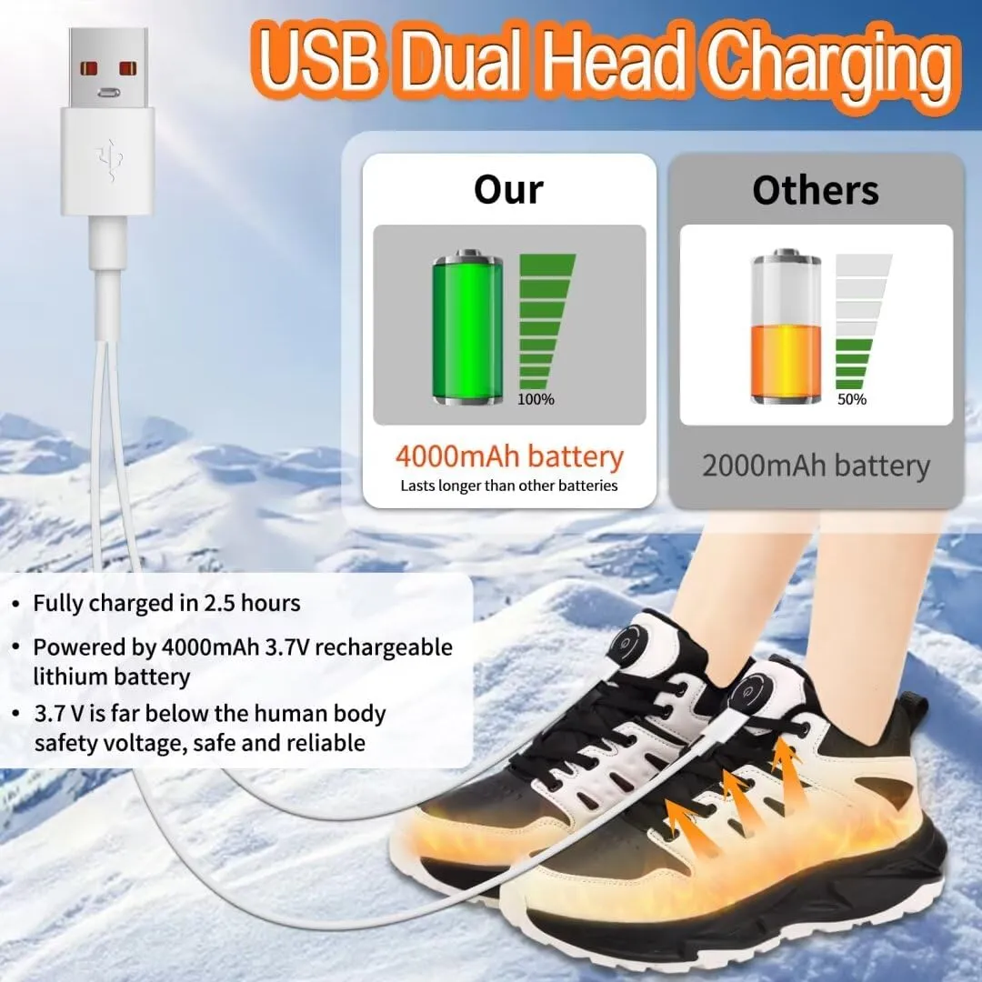 Heated Shoes for Men, Feet Warmers for Women, Electric Heating Shoes with 4000mAh Battery, 3 Heating Levels, Rechargeable Winter Heated Sneakers for Outdoor Work Sports Hiking