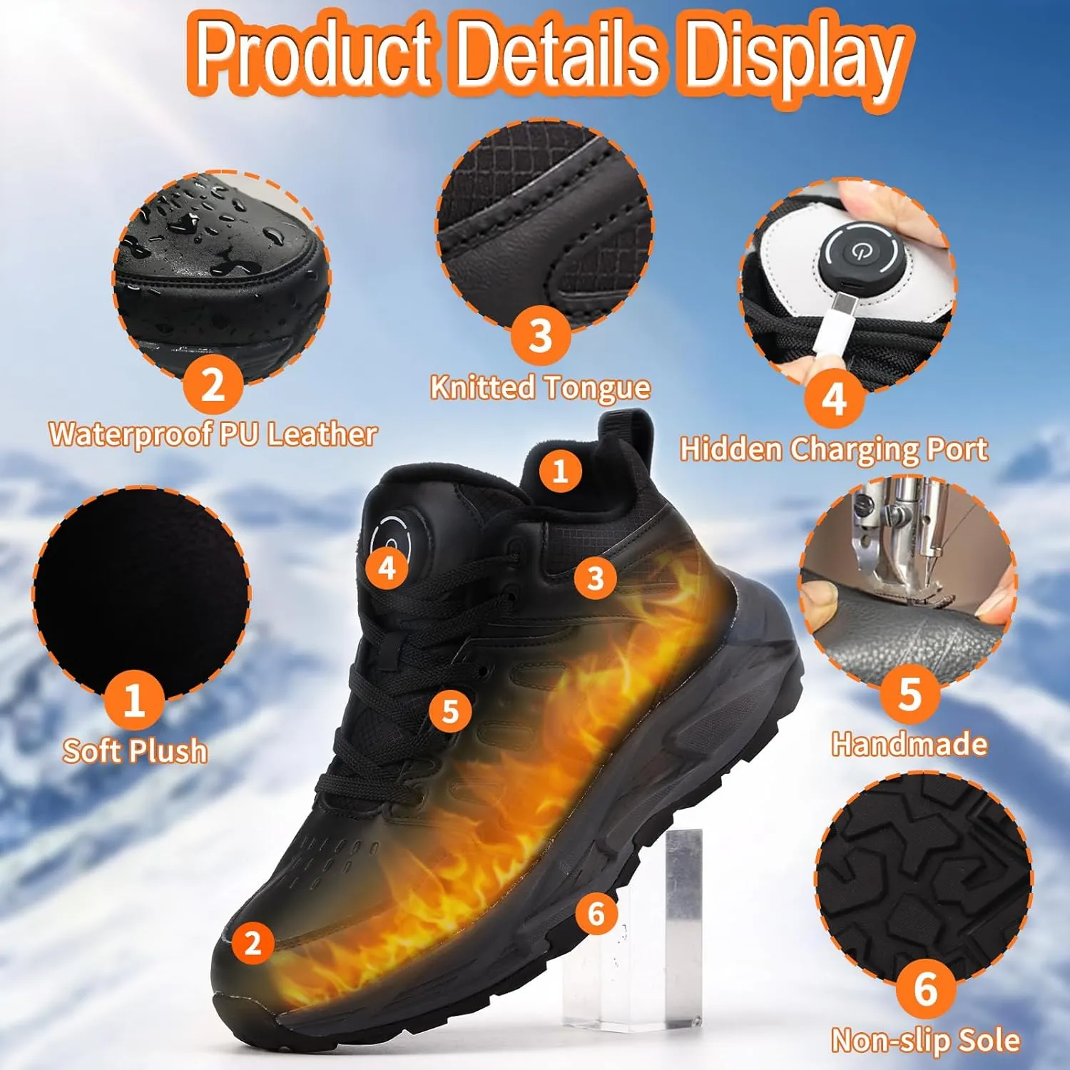 Heated Shoes for Men, Feet Warmers for Women, Electric Heating Shoes with 4000mAh Battery, 3 Heating Levels, Rechargeable Winter Heated Sneakers for Outdoor Work Sports Hiking