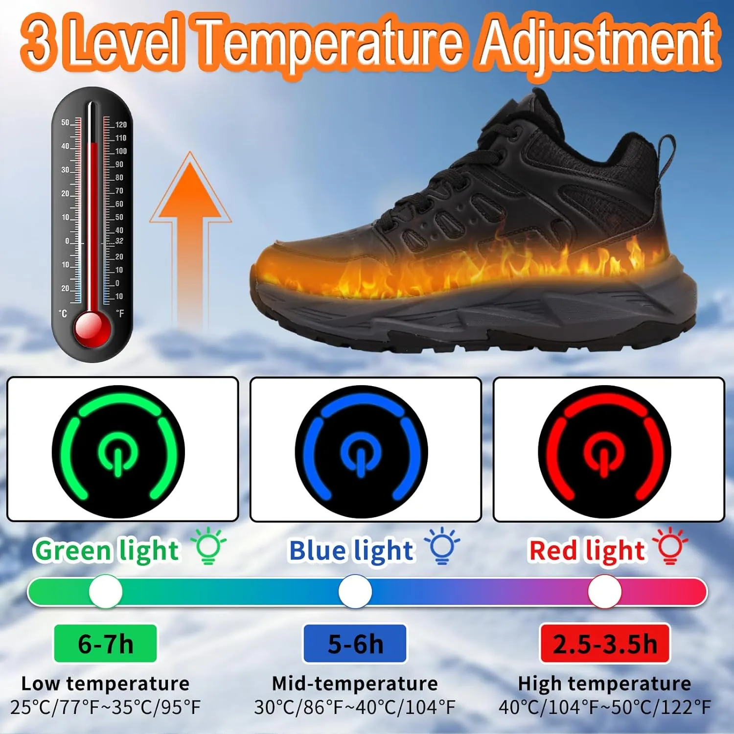 Heated Shoes for Men, Feet Warmers for Women, Electric Heating Shoes with 4000mAh Battery, 3 Heating Levels, Rechargeable Winter Heated Sneakers for Outdoor Work Sports Hiking
