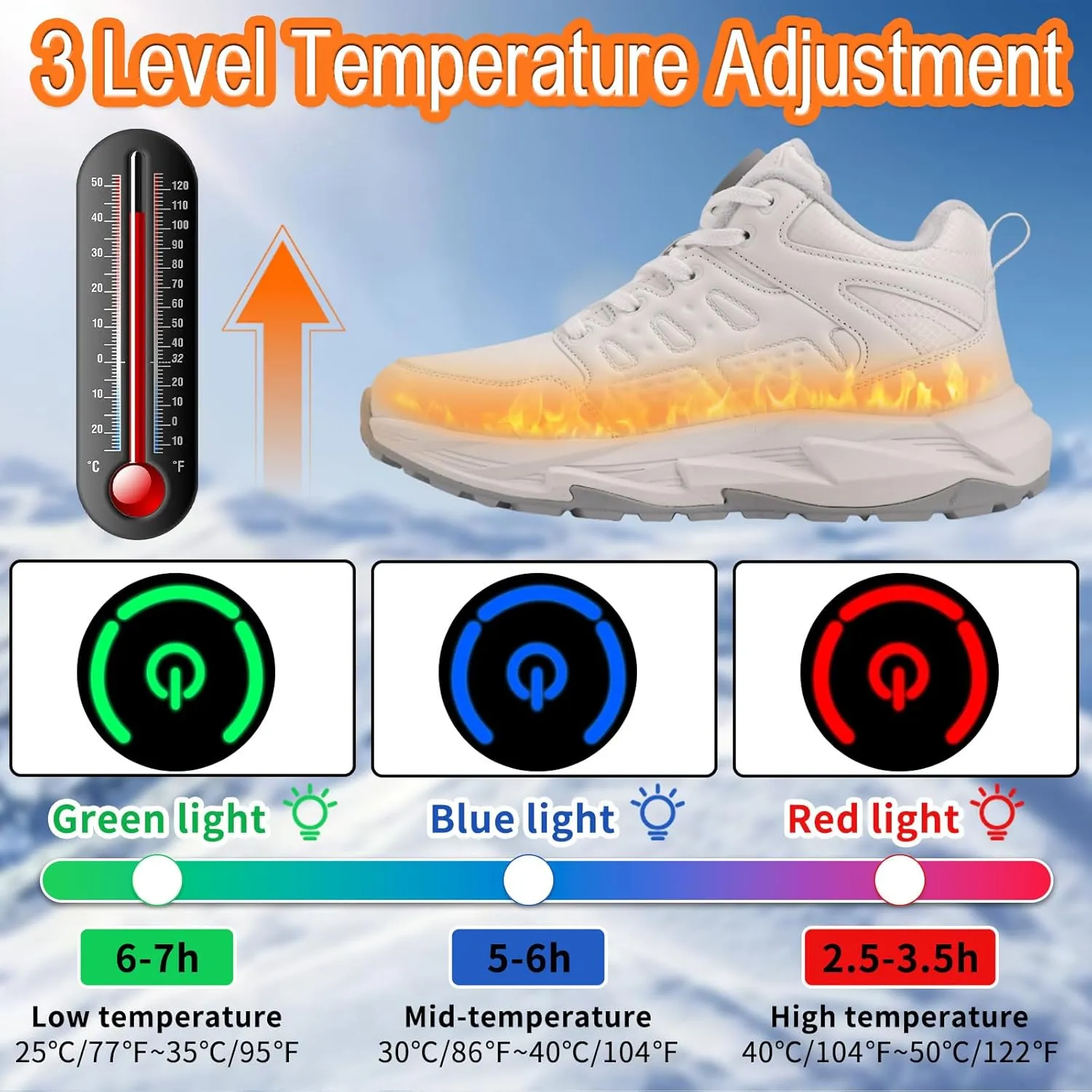 Heated Shoes for Men, Feet Warmers for Women, Electric Heating Shoes with 4000mAh Battery, 3 Heating Levels, Rechargeable Winter Heated Sneakers for Outdoor Work Sports Hiking
