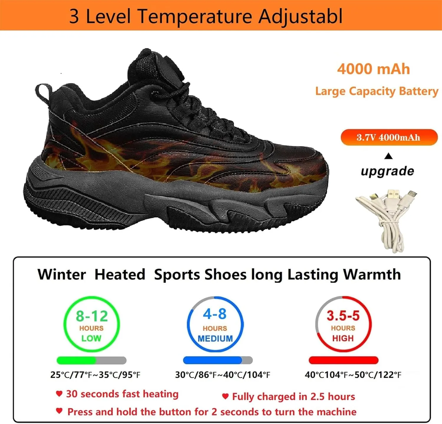 Heated Shoes for Women with 3 Heating Settings 4000Mah Rechargeable Foot Warmers for Feet, Winter Heated Insoles Sneakers for Men, Electric Heating for Outdoor Work Hiking Cycling