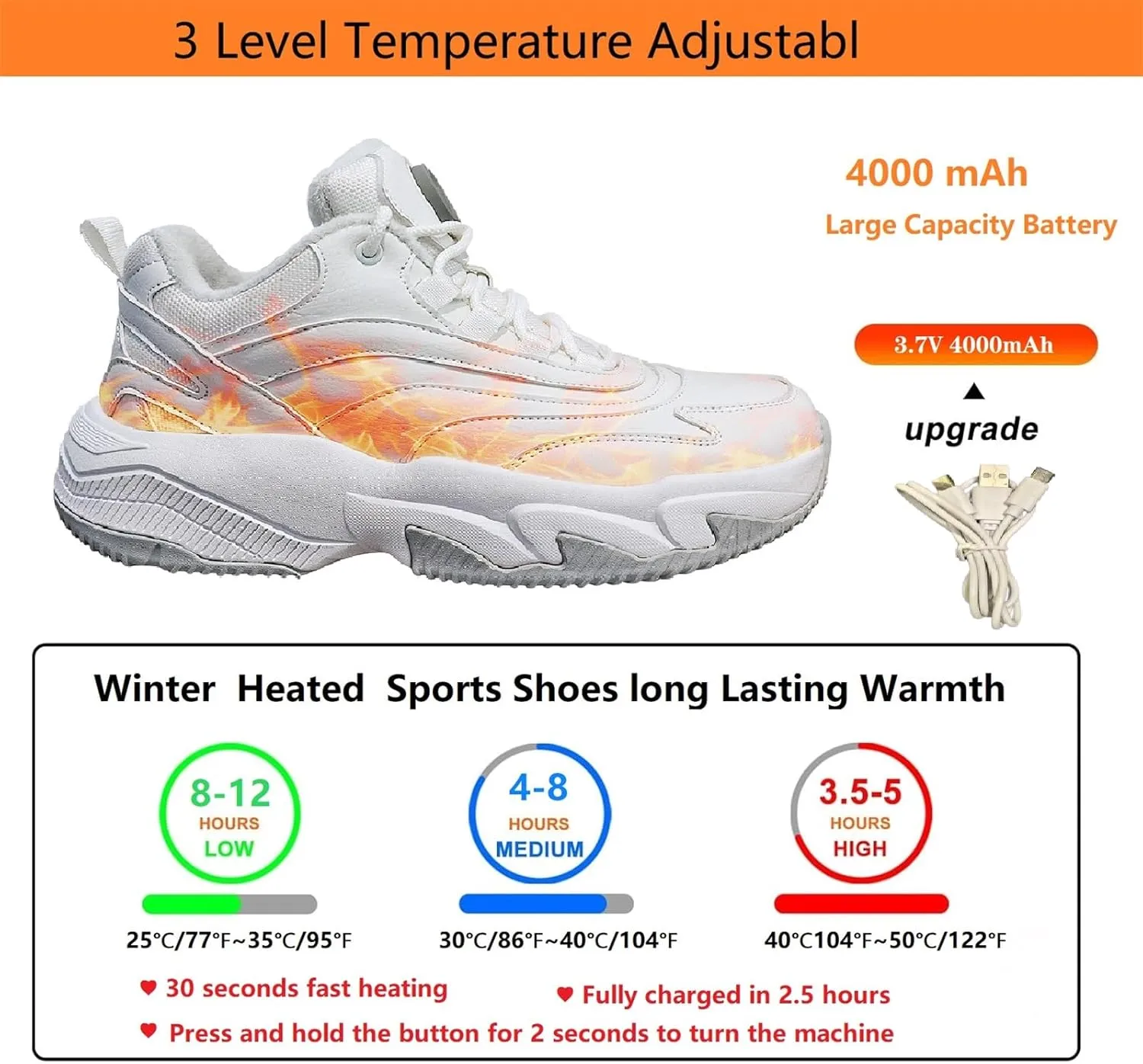Heated Shoes for Women with 3 Heating Settings 4000Mah Rechargeable Foot Warmers for Feet, Winter Heated Insoles Sneakers for Men, Electric Heating for Outdoor Work Hiking Cycling