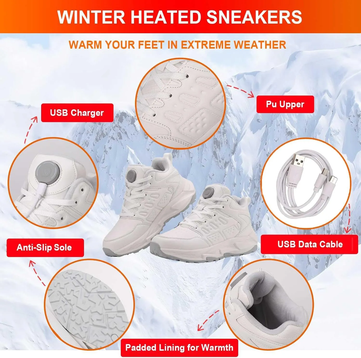 Heated Shoes, Heated Boots for Women with 3 Heating Settings 4000mAh Rechargeable Feet Warmers Winter Heated Insoles Sneakers for Men for Cold Weather Activities as Working Outdoor Unisex