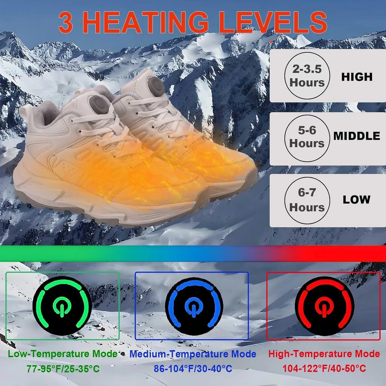 Heated Shoes, Heated Boots for Women with 3 Heating Settings 4000mAh Rechargeable Feet Warmers Winter Heated Insoles Sneakers for Men for Cold Weather Activities as Working Outdoor Unisex