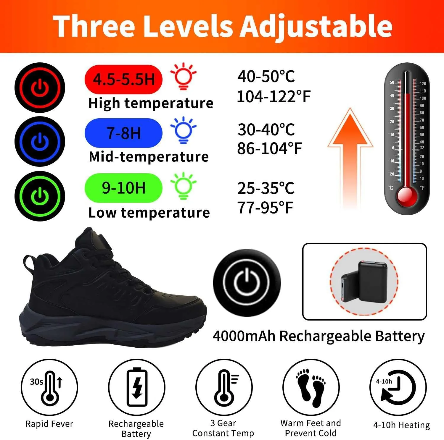 Heated Sneakers, Electric Foot Warmer Rechargeable, Fast Heating, Comfortable Lightweight Heated Shoes, Waterproof Women Men Snow Boots for Outdoor