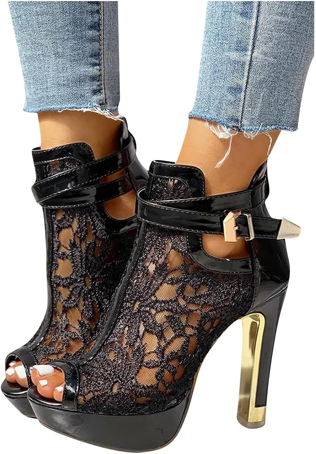 Heel Up Hollow Mesh High Lace Casual Womens Ladies Sexy Sandals Shoes Floral Zip Women's Sandals Slide Sandals for Women Under 10 Dollars (Black, 9)