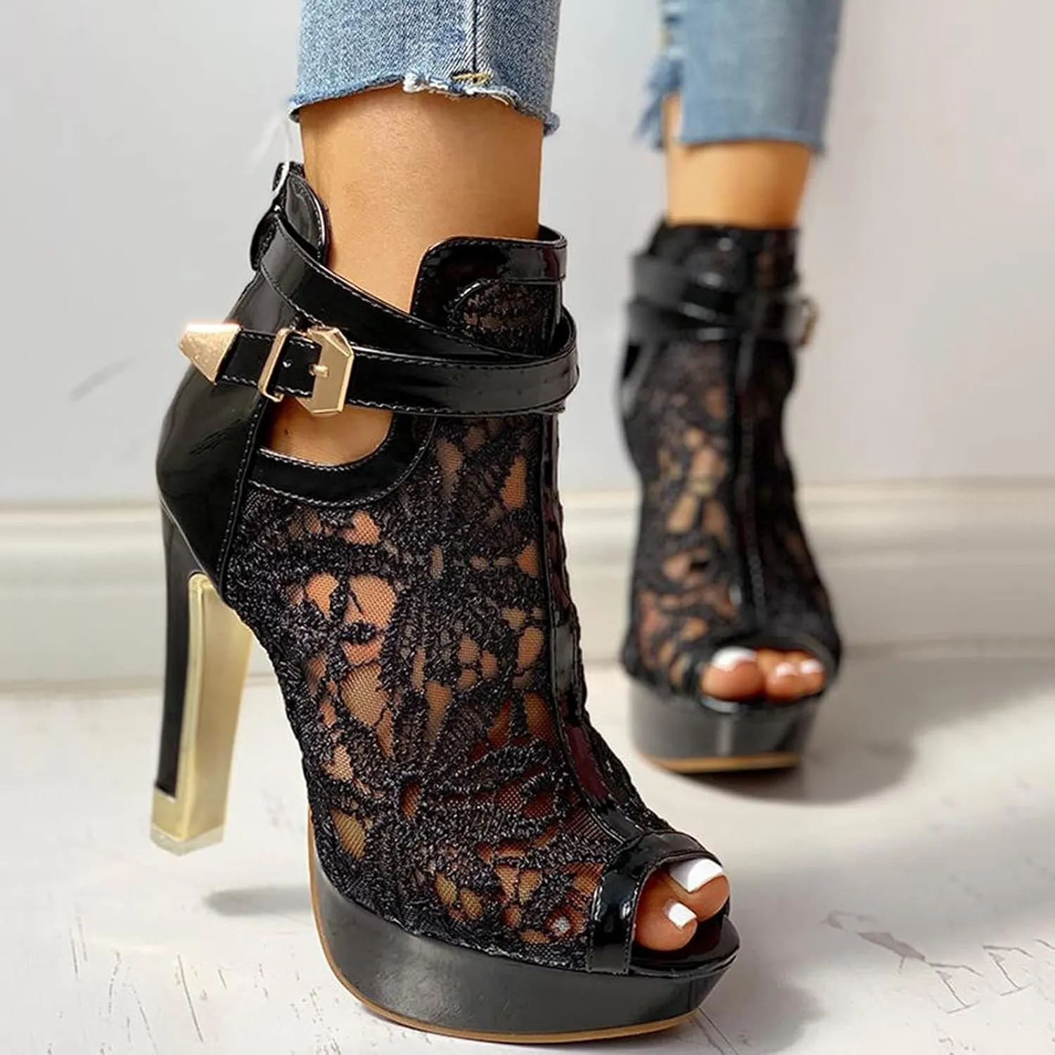 Heel Up Hollow Mesh High Lace Casual Womens Ladies Sexy Sandals Shoes Floral Zip Women's Sandals Slide Sandals for Women Under 10 Dollars (Black, 9)