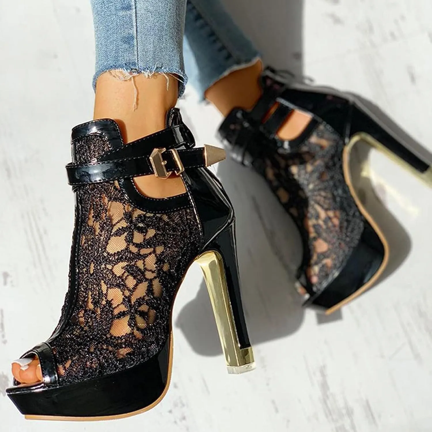 Heel Up Hollow Mesh High Lace Casual Womens Ladies Sexy Sandals Shoes Floral Zip Women's Sandals Slide Sandals for Women Under 10 Dollars (Black, 9)