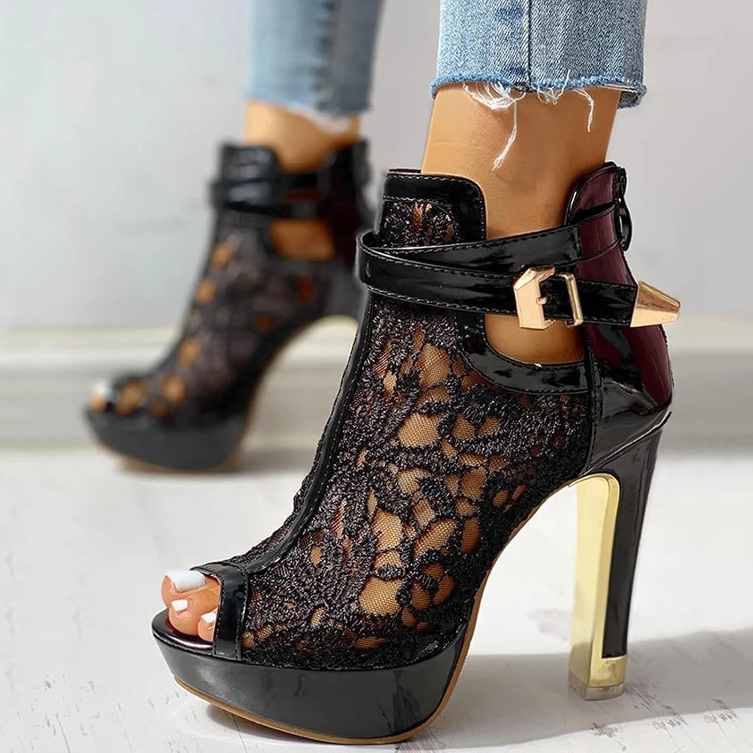 Heel Up Hollow Mesh High Lace Casual Womens Ladies Sexy Sandals Shoes Floral Zip Women's Sandals Slide Sandals for Women Under 10 Dollars (Black, 9)