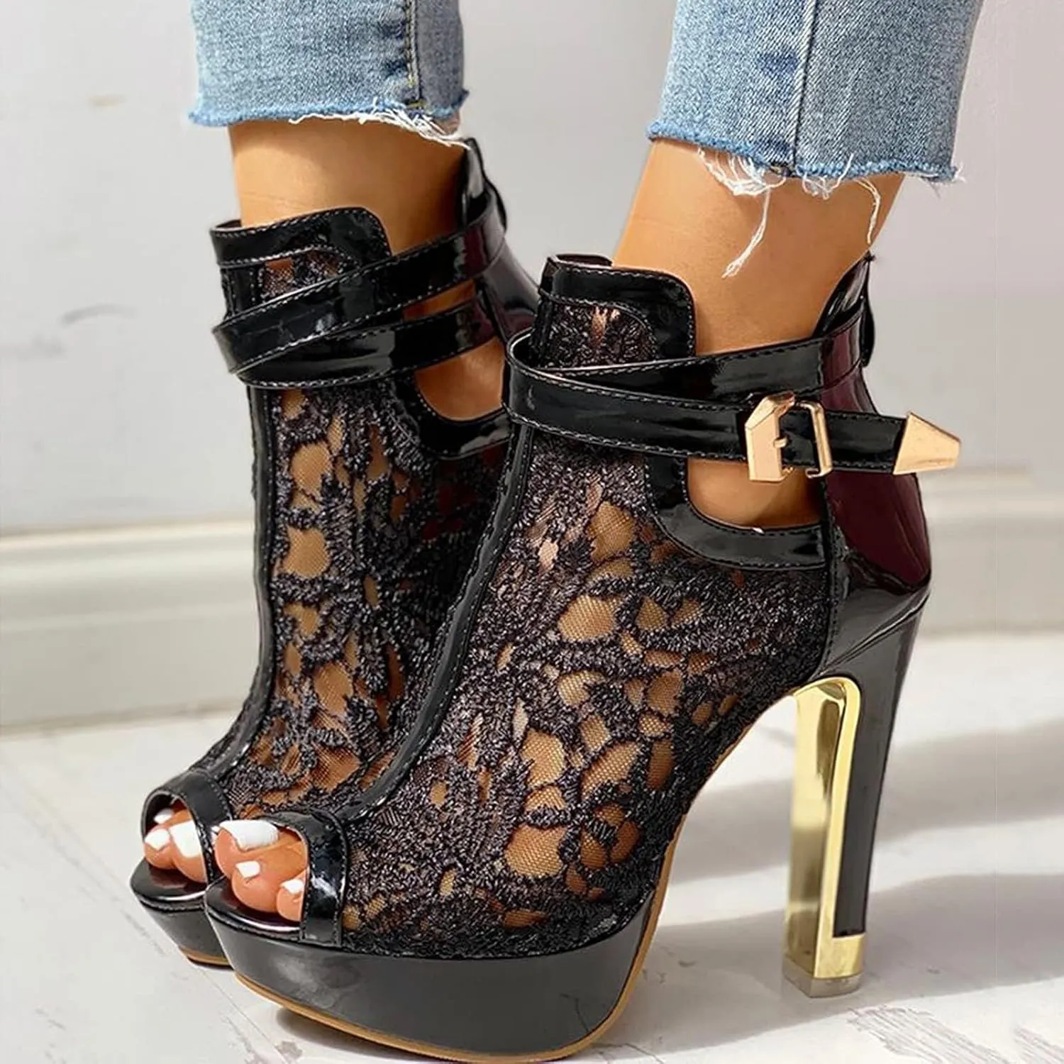 Heel Up Hollow Mesh High Lace Casual Womens Ladies Sexy Sandals Shoes Floral Zip Women's Sandals Slide Sandals for Women Under 10 Dollars (Black, 9)