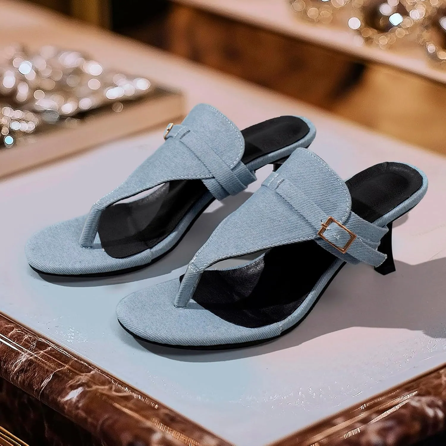 Heels for Women Flip Flops Low Heels Open Square Toe Thong Heeled Sandals, Sexy Fashion Comfort Shoes for Party Casual Slides