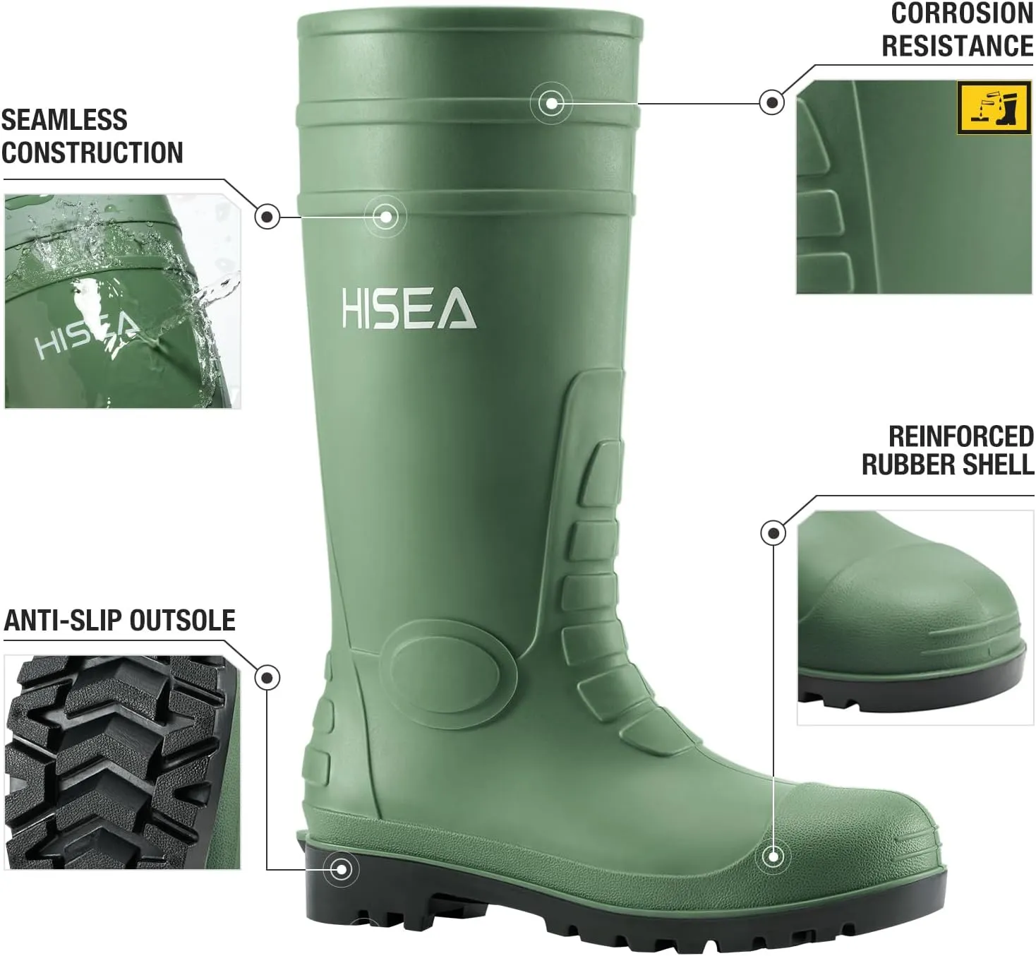 HISEA Men's Rain Boots with Steel Shank, Waterproof Rubber Boots Seamless PVC Rainboots Durable Protective Footwear Outdoor Work Boots Garden Fishing Tall Knee Boot for Agriculture and Industrial Working