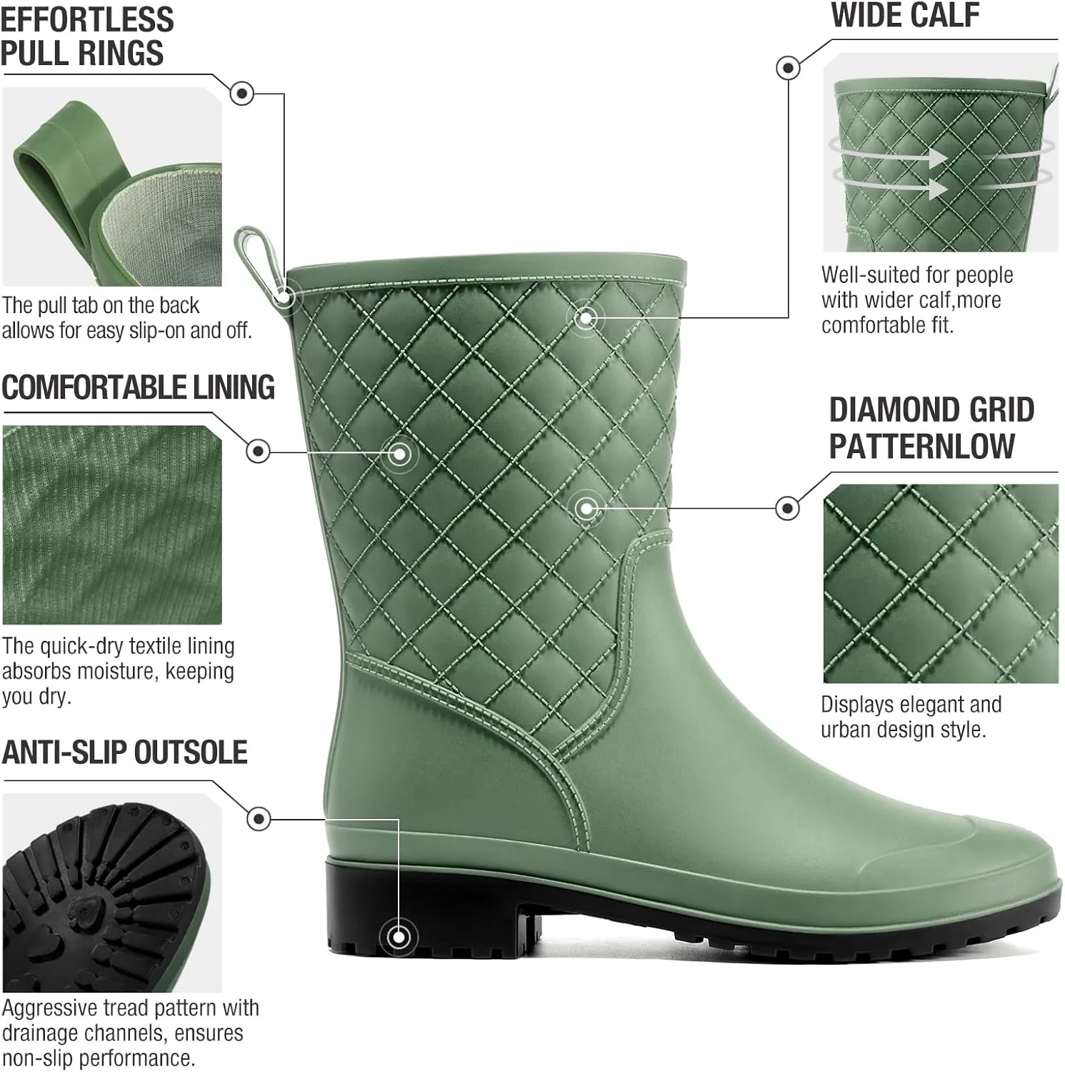 HISEA Rain Boots for Women, Lightweight Fashion Rubber Boots Mid Height Waterproof Garden Shoes Women's Rain Footwear