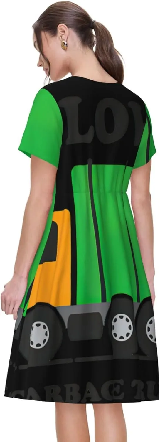 I Love Garbage Trucks Print Women's Short Sleeve Dress,Sundresses Summer A-Line Dress with Pockets