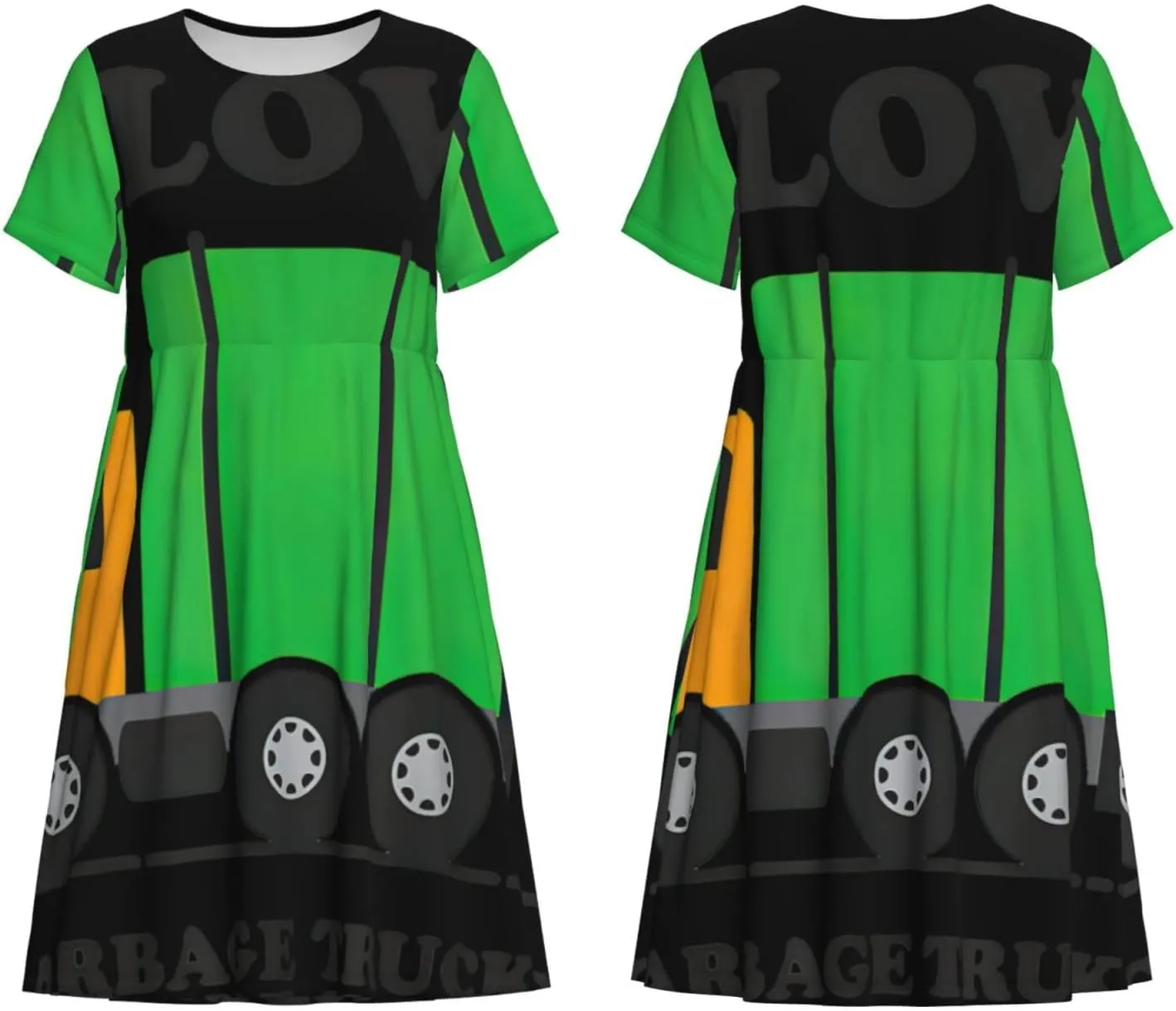 I Love Garbage Trucks Print Women's Short Sleeve Dress,Sundresses Summer A-Line Dress with Pockets