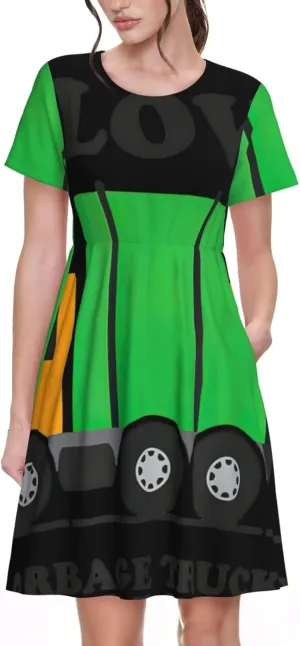 I Love Garbage Trucks Print Women's Short Sleeve Dress,Sundresses Summer A-Line Dress with Pockets