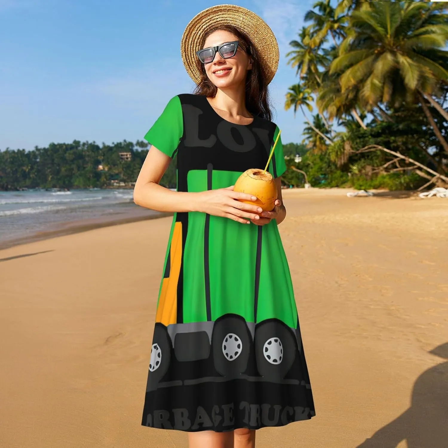 I Love Garbage Trucks Print Women's Short Sleeve Dress,Sundresses Summer A-Line Dress with Pockets