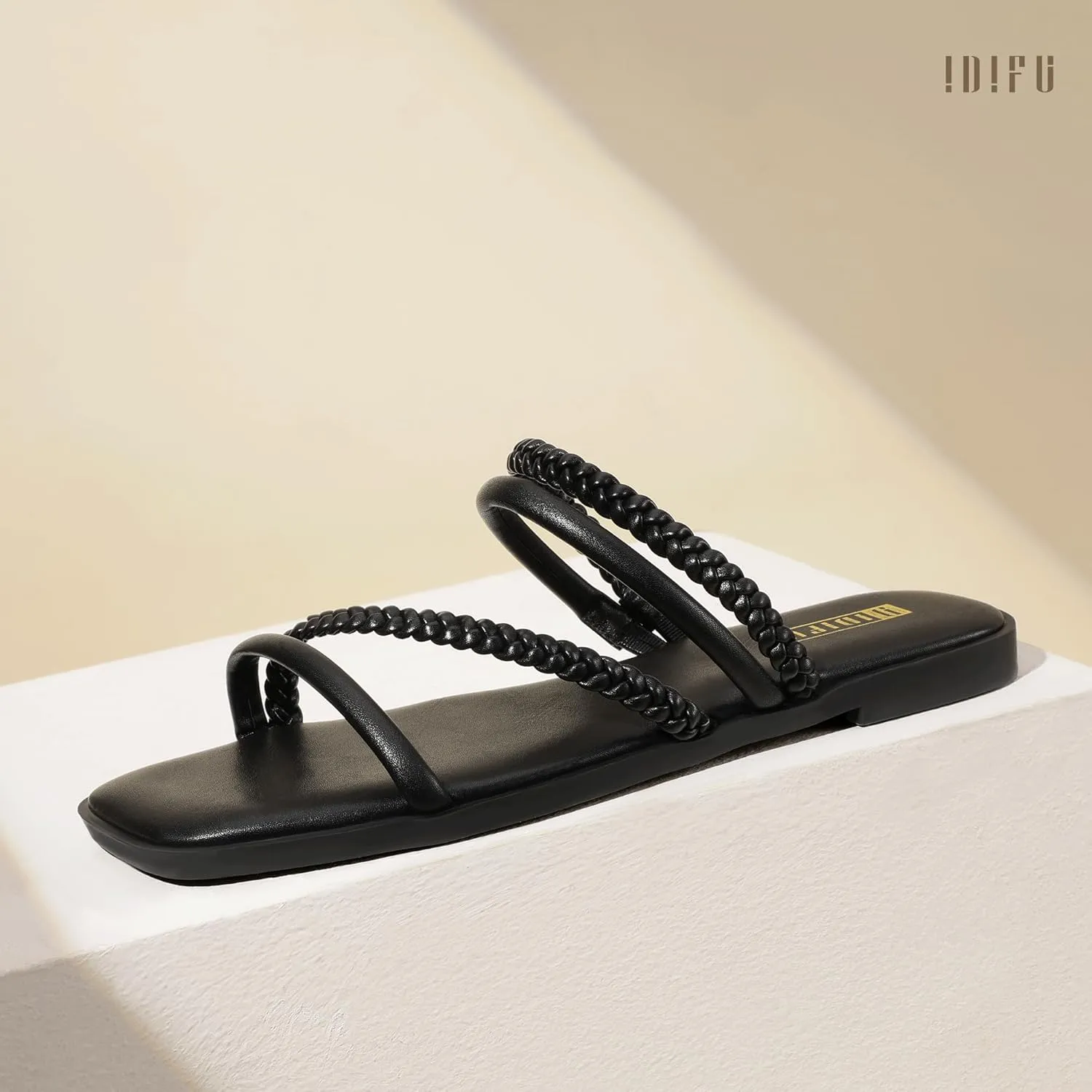 IDIFU Womens Braided Strappy Flat Sandals Square Open Toe Slide Sandals Slip On Slingback Dress Sandals Summer Beach Casual Ladies Comfortable Dressy Cute Trendy Sandals