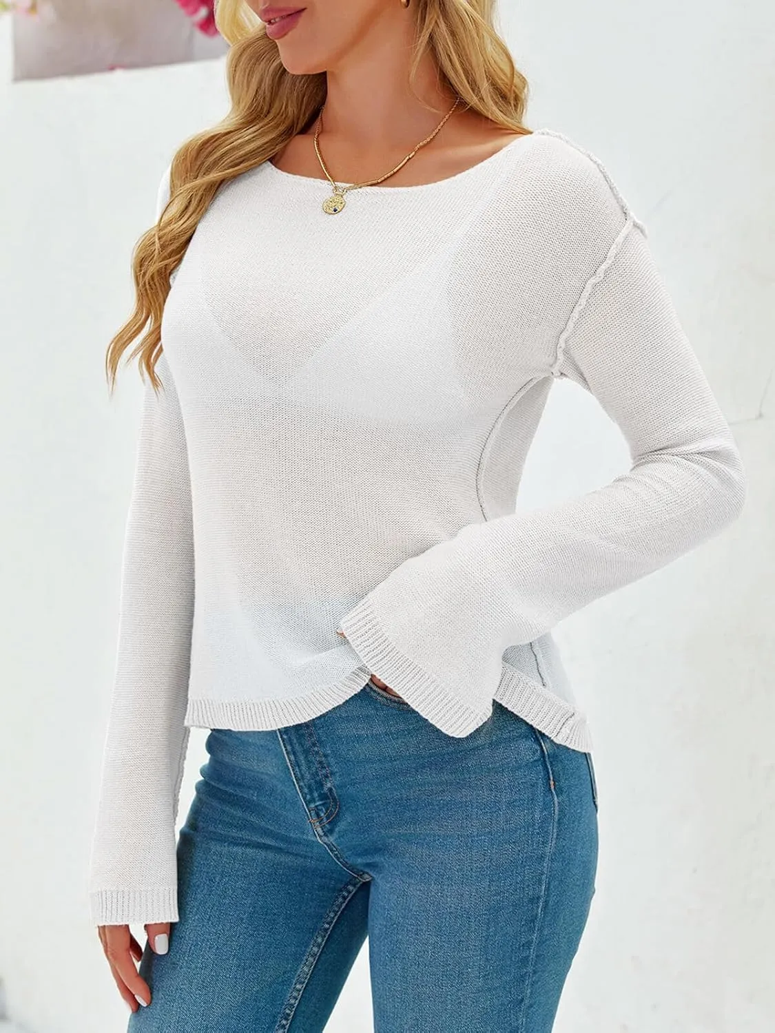 Imily Bela Womens Boat Neck Shirts Long Sleeve Lightweight Knit Pullover Sweaters Casual Sheer Blouse Tops