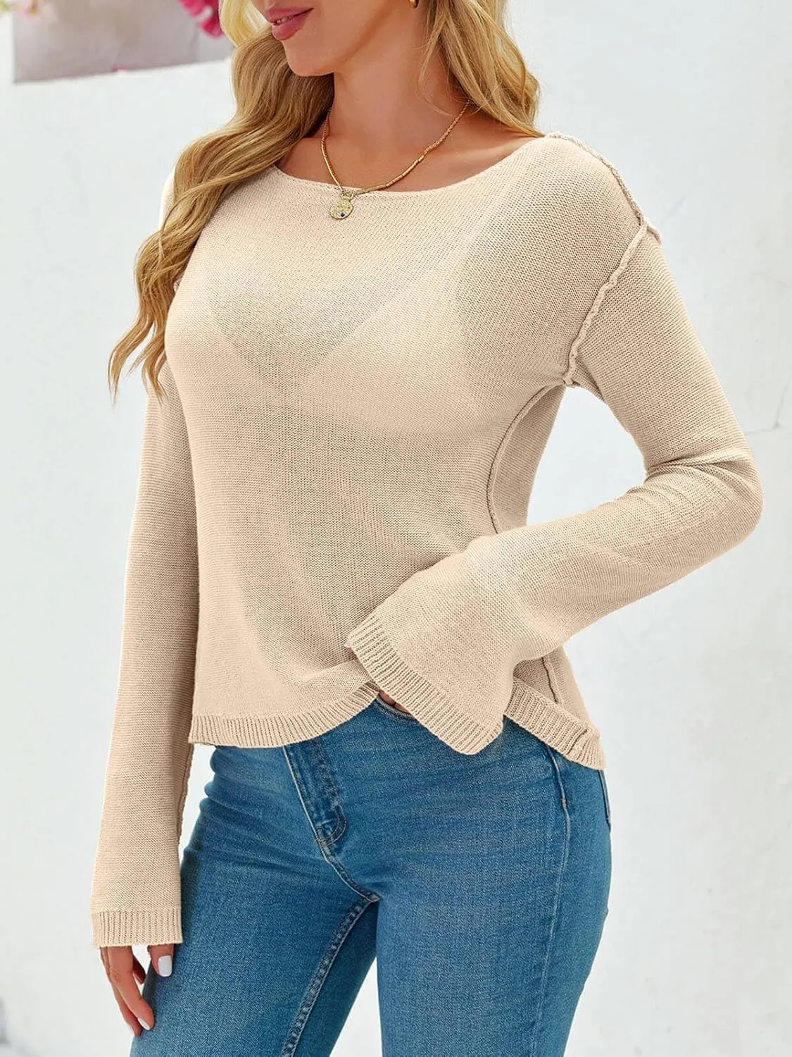 Imily Bela Womens Boat Neck Shirts Long Sleeve Lightweight Knit Pullover Sweaters Casual Sheer Blouse Tops
