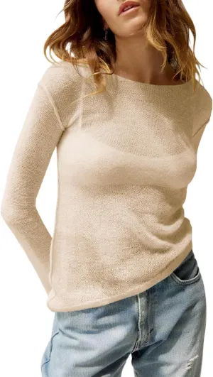 Imily Bela Womens Boat Neck Shirts Long Sleeve Lightweight Knit Pullover Sweaters Casual Sheer Blouse Tops