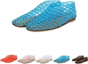 Jelly Mesh Ballet Flats for Women Clear Hollow Jelly Sandals Round Toe Slip On Beach Balleria Flat Shoes Jellies Shoes
