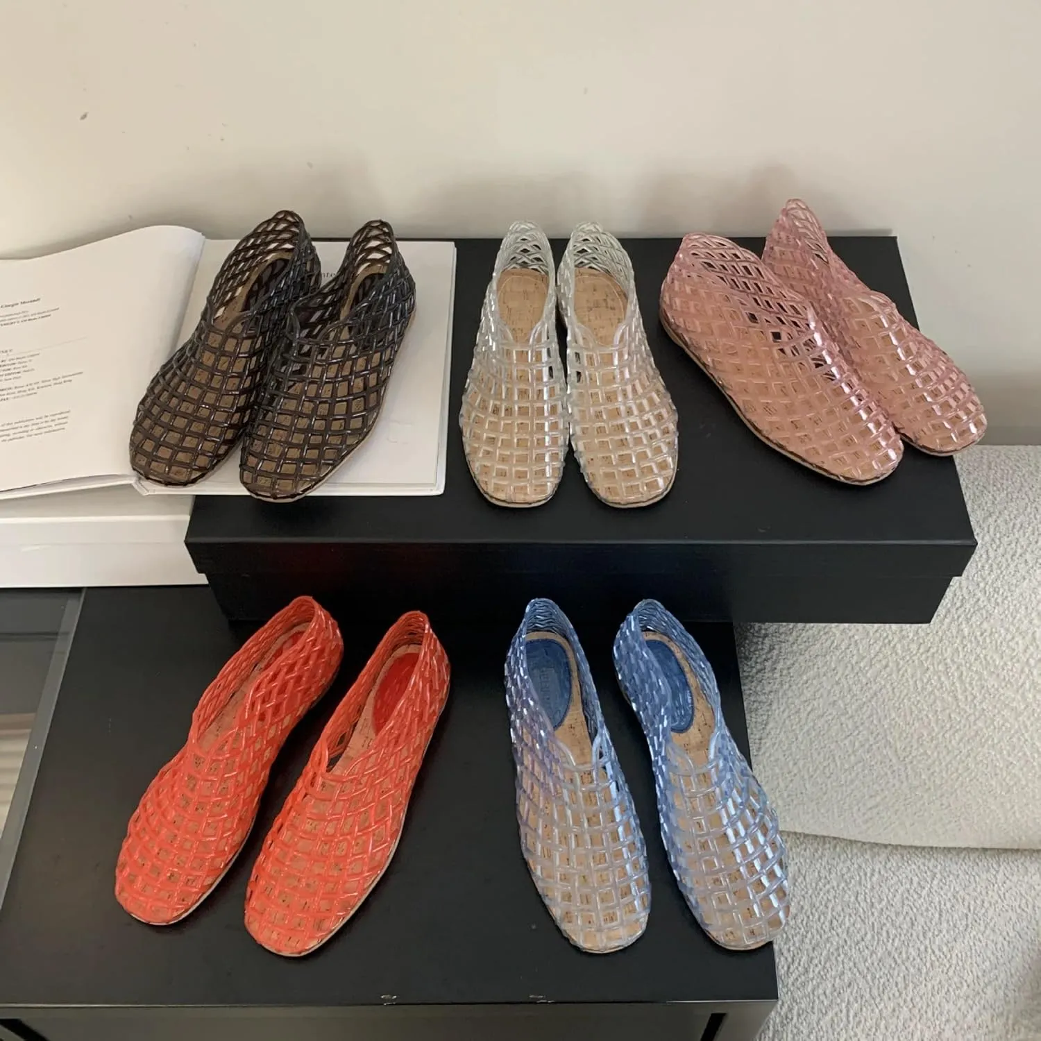 Jelly Mesh Ballet Flats for Women Clear Hollow Jelly Sandals Round Toe Slip On Beach Balleria Flat Shoes Jellies Shoes