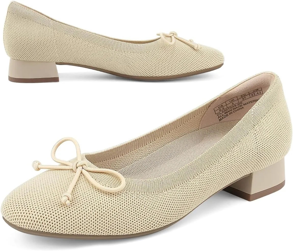 JENN ARDOR Womens Dress Pumps Ballet Flats Shoes Casual Ladies Heels Chunky for Women Round Toe Knit Comfortable Slip On Mesh Flat