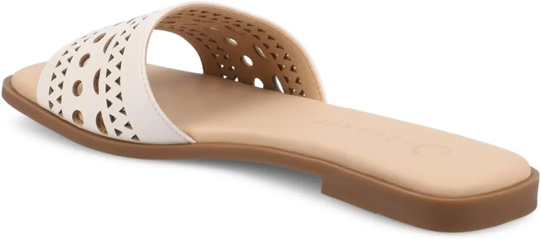 Journee Womens cushioned footbed Faux Leather Sandals Flat Sole Brodie Laser Cutout Straps