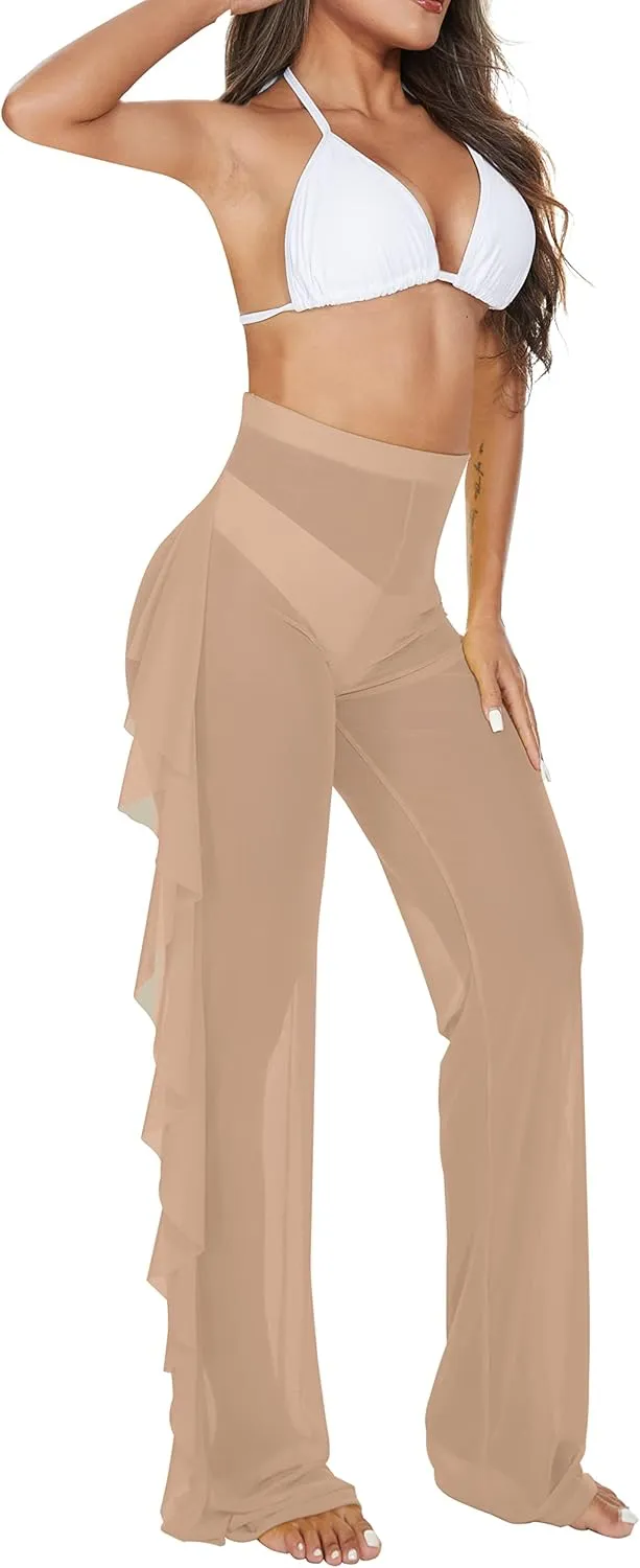Jumppmile Women's Ruffle Sheer Mesh Swimwear Bikini Cover Up Pants See Through