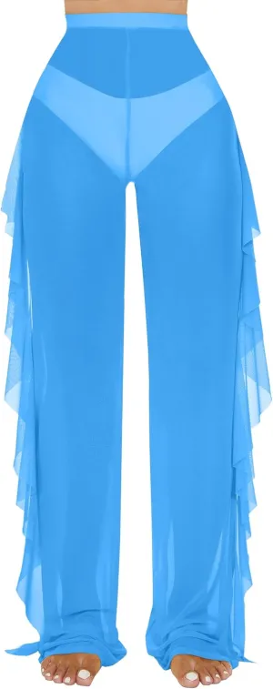 Jumppmile Women's Ruffle Sheer Mesh Swimwear Bikini Cover Up Pants See Through