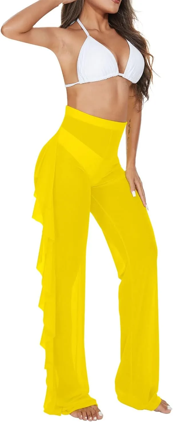 Jumppmile Women's Ruffle Sheer Mesh Swimwear Bikini Cover Up Pants See Through