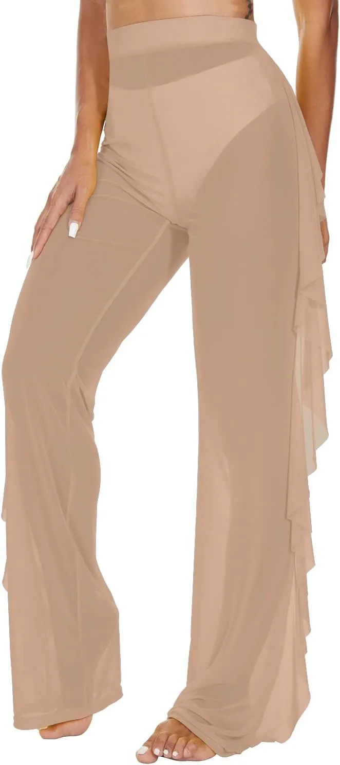 Jumppmile Women's Ruffle Sheer Mesh Swimwear Bikini Cover Up Pants See Through