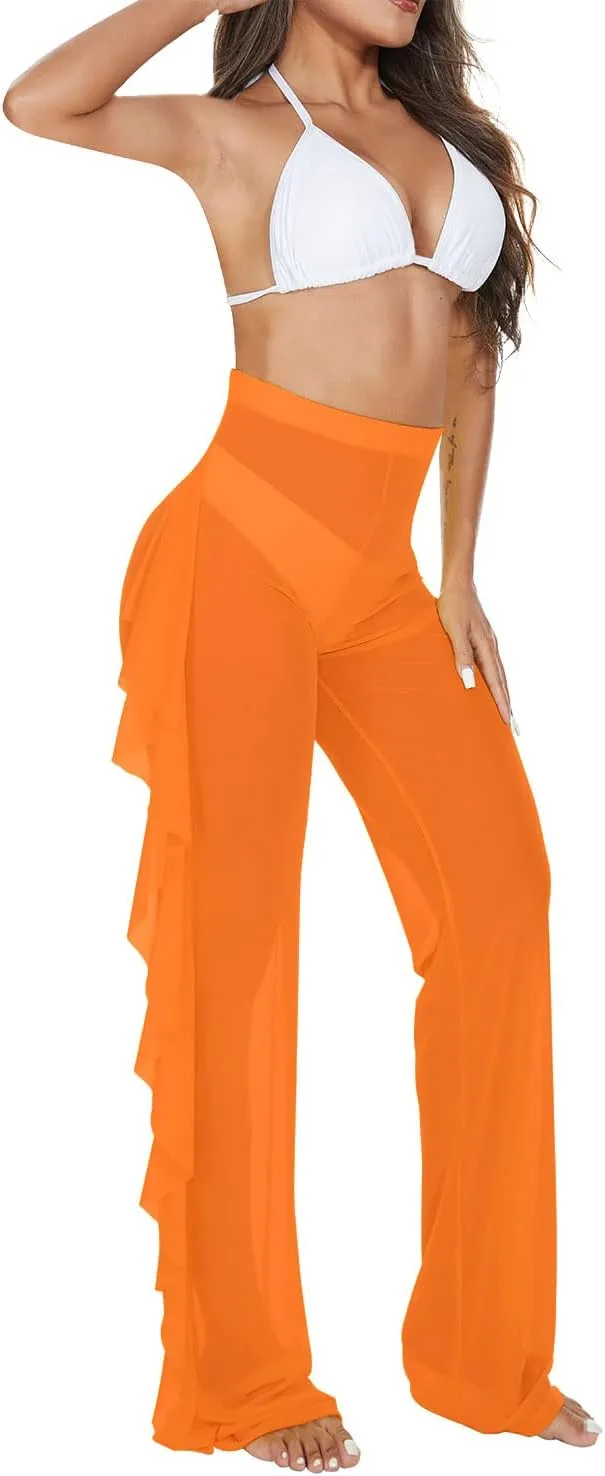 Jumppmile Women's Ruffle Sheer Mesh Swimwear Bikini Cover Up Pants See Through