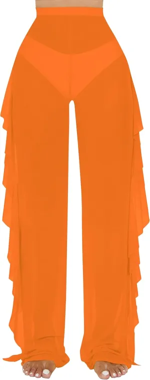 Jumppmile Women's Ruffle Sheer Mesh Swimwear Bikini Cover Up Pants See Through