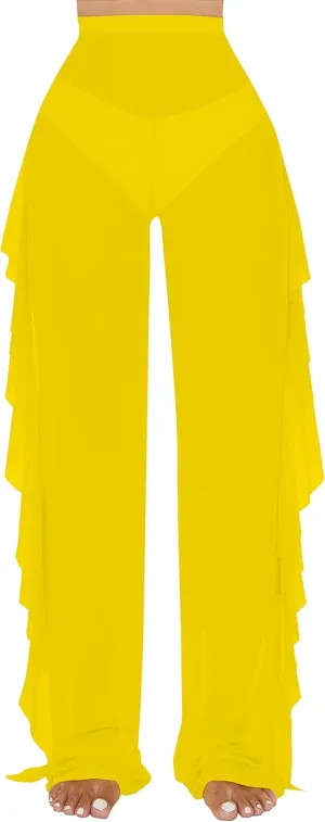 Jumppmile Women's Ruffle Sheer Mesh Swimwear Bikini Cover Up Pants See Through